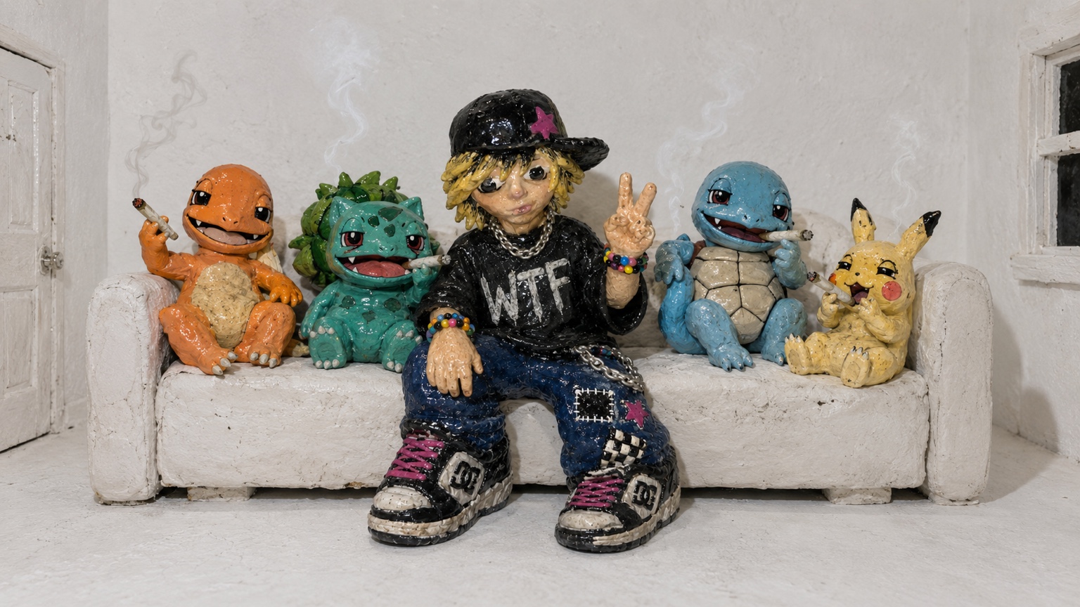 Clay Young4n and Pokémon sculptures hanging out on a sofa