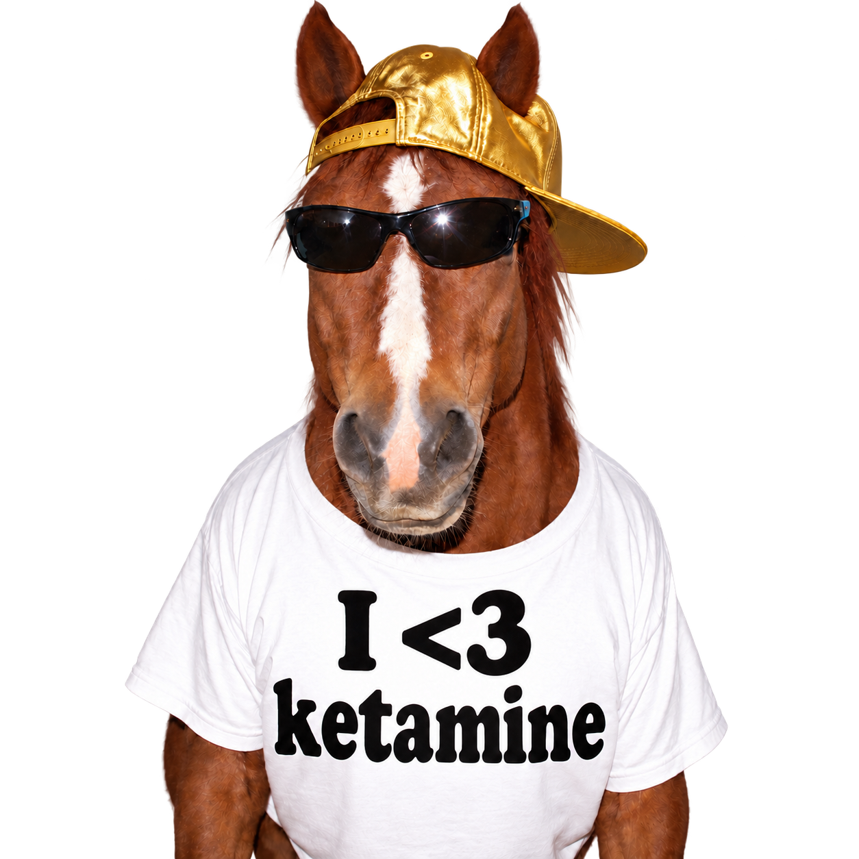 Horse in a sideways gold snapback and sunglasses wearing an I <3 ketamine shirt