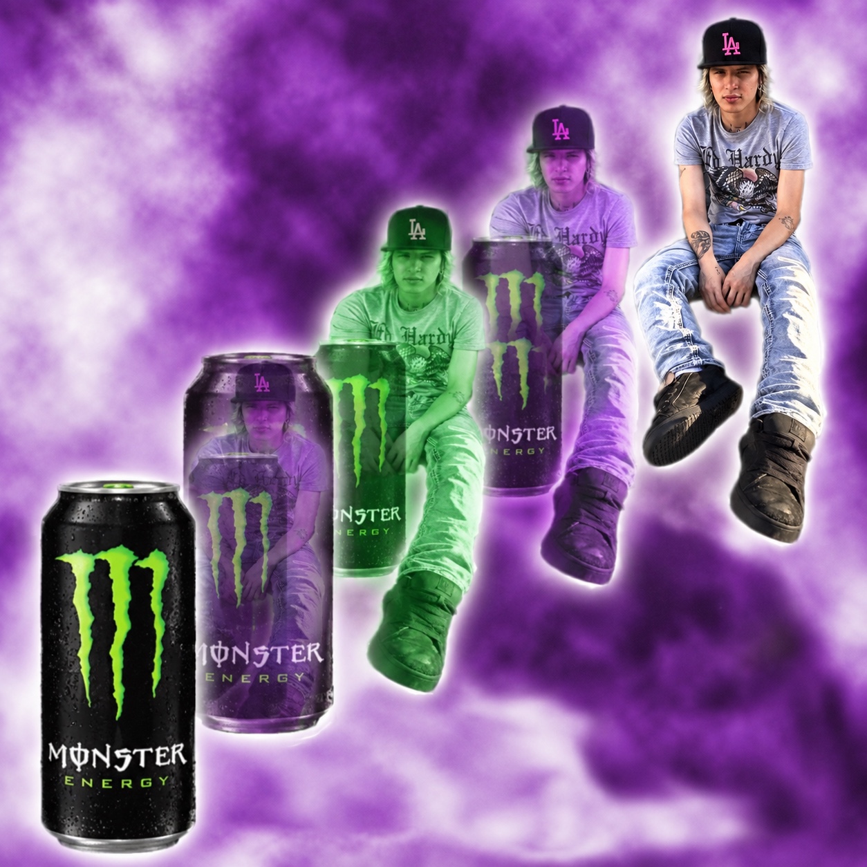 Purple and green Young4n Monster energy collage